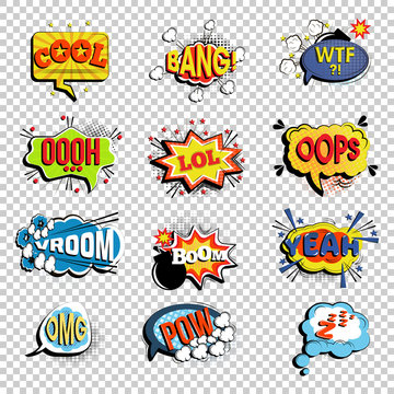 Set of comic speech bubbles. Onomatopoeic expressions: Lol and cool, bang and WTF, OOOH and OOPS, Vroom and yeah, boom and pow