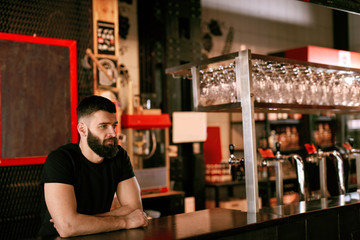Bartender In Beer Pub. Portrait Of Man At Bar Counter