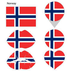 Obraz premium Flag of Norway, set. Correct proportions, lips, imprint of kiss, map pointer, heart, icon. Abstract concept. Vector illustration on white background.
