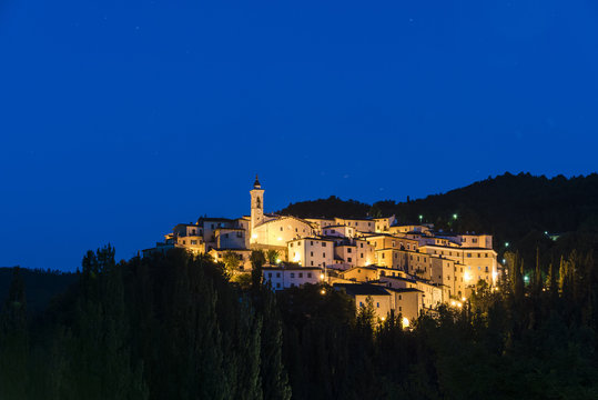 View of the village of Preci at dusk, Valnerina, Umbria