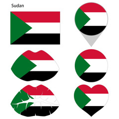 Flag of Sudan, set. Correct proportions, lips, imprint of kiss, map pointer, heart, icon. Abstract concept. Vector illustration on white background.
