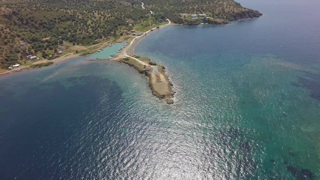 Aerial view of coastline of Kassandra peninsula, Greece, raw, 4K