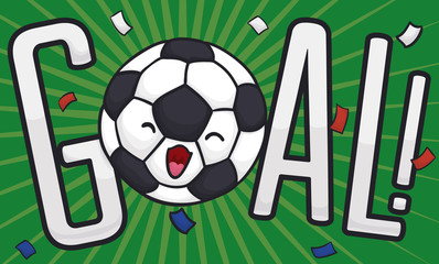 Cute Soccer Ball Celebrating Goal Annotation with Confetti, Vector Illustration