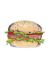 Hand drawn watercolor burger.