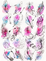 Set of hand drawn watercolor arrows and feathers.