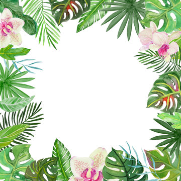 Watercolor Tropical Frame with Flowers and Leaves.