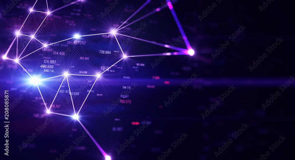 Poster Block chain network/Block chain network concept , Distributed register technology, background made of line, circles  and particles