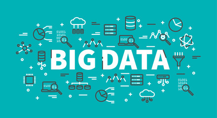 The words Big Data surrounded by icons of database, cloud computing, server, network. Vector background illustration.