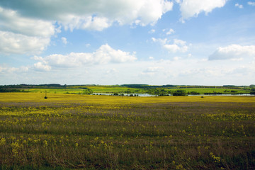 landscape of yellow fields and blue sky, Tulskaya oblast, Russia