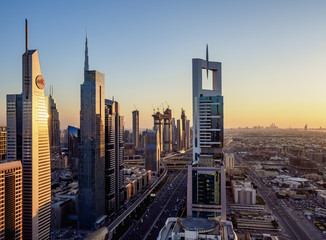 Dubai International Financial Centre at sunset, elevated view, Dubai