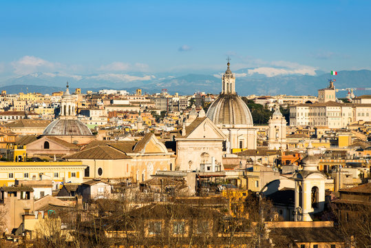 Historic Rome city skyline with domes and spires seen from Janiculum Terrace, Rome, Lazio