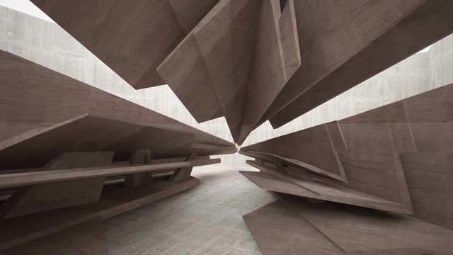 Abstract white and brown concrete interior multilevel public space with window. 3D animation and rendering.