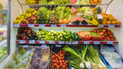 Fresh vegetables and fruits for sale in supermarket