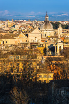 Historic Rome city skyline with domes and spires seen from Janiculum Terrace, Rome, Lazio