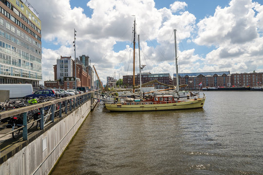 Silodam, Amsterdam, the Netherlands View on a luxury sailing ship