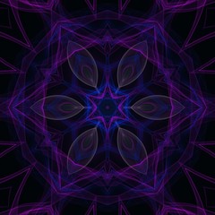 Creative glow neon mandala. Kaleidoscope abstract wallpaper. Sacred geometry digital painting art. Magic fractal artwork. Symmetric stylish graphic design pattern. Print for fabric, textile or paper.