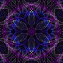 Creative glow neon mandala. Kaleidoscope abstract wallpaper. Sacred geometry digital painting art. Magic fractal artwork. Symmetric stylish graphic design pattern. Print for fabric, textile or paper.