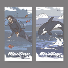 Two vintage colol banners with scuba diver and jumping whale sketch. Maritime adveture series.