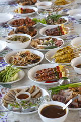 Various types of food Thailand placed on table, ready to eat.