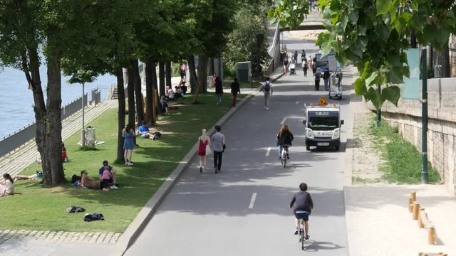 Embankment of Paris river Seine and people walking ride bicycles and rest on a grass lawn