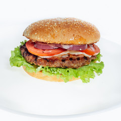 Burger with beef cutlet, on a white background.