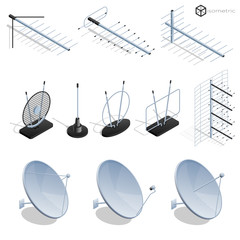 Vector tv antenna, realistic satellite antenna TV router, tv isometric icons.