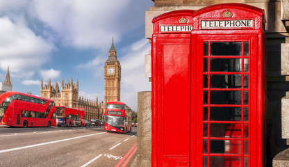 London symbols with BIG BEN, DOUBLE DECKER BUS and Red Phone Booths in England, UK