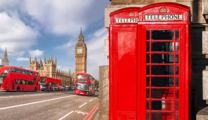 Foto op Plexiglas Londense symbolen met BIG BEN, DOUBLE DECKER BUS en rode telefooncellen in Engeland, VK © Tomas Marek