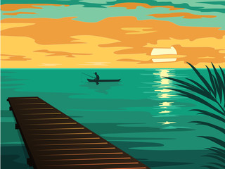 landscape with the silhouette of fishermen in a boat at sunset