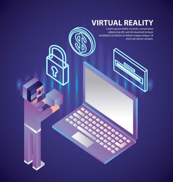 virtual reality isometric glasses padlock computer password vector illustration