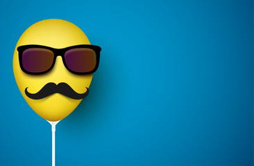 Blue background with yellow balloon with mustache in sunglasses.