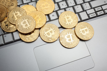 bitcoins on keyboard