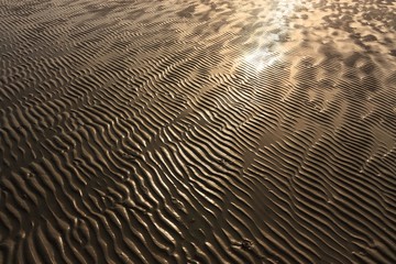 Background of ripples in sand on beach during low tide with golden light at sunset