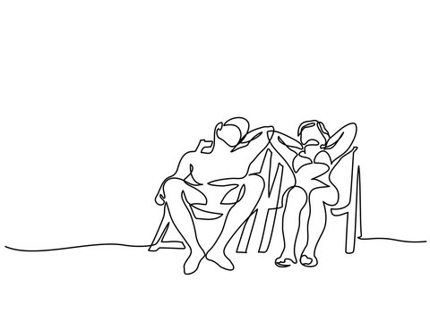 recommend clip art: Continuous line drawing. Young couple relaxing on sun lounger near sea. Vector illustration. Concept for logo, card, banner, poster, flyer