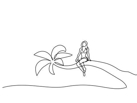 Continuous line drawing. Beautiful woman sitting on palm near sea. Vector illustration. Concept for logo, card, banner, poster, flyer