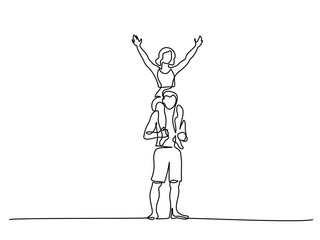 Continuous line drawing. Young man holding his girlfriend on shoulders. Vector illustration. Concept for logo, card, banner, poster, flyer