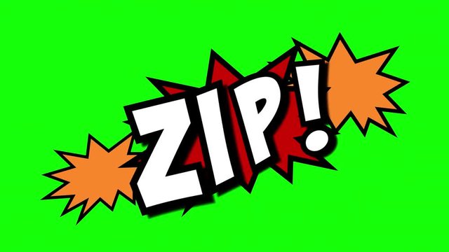 A comic strip speech cartoon animation with an explosion shape. Words: ugh, zip, bah. White text, red and yellow spikes, green background.
