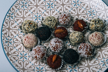 sweets from dried fruits with nuts and sesame seeds