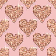 Seamless pattern with rose gold hearts. Pink Golden metallic textured background. Trendy template for holiday designs, St. Valentines day party, birthday, wedding, invitation, web, banner, card.