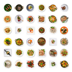 Collage of restaurant dishes isolated on white