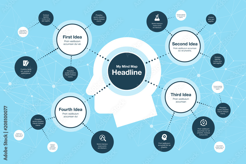 Fototapete simple infographic for mind map visualization template with circles and several icons, isolated on b