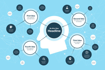 Simple infographic for mind map visualization template with circles and several icons, isolated on blue background. Easy to use for your website or presentation.