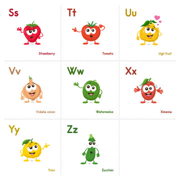 Illustration of fruit and vegetables alphabetical cards with funny mascots order from s to z, isolated on light background. Learning alphabets can be fun now.