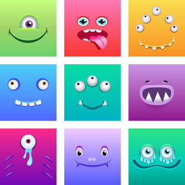 Cartoon monsters faces with emotions vector set