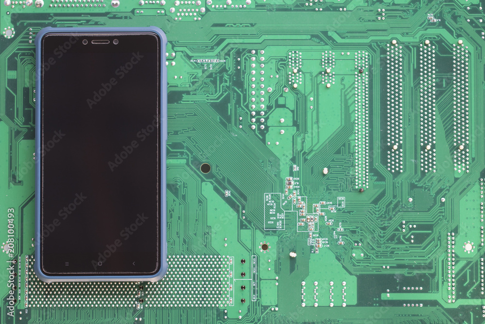 Poster green computing motherboard with smartphone template for text. circuit board and mobile smart phone 