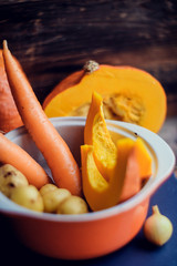 Fototapeta na wymiar Vegetables for preparation of pumpkin soup , white background