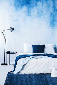 Navy blue carpet in front of bed next to lamp in bedroom interior with wallpaper