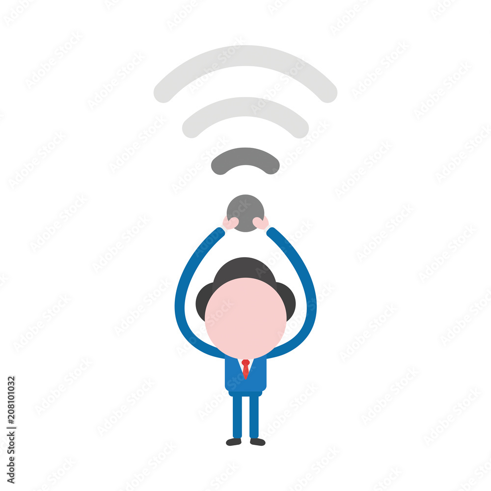 Poster vector businessman character holding up wireless wifi symbol with low signal