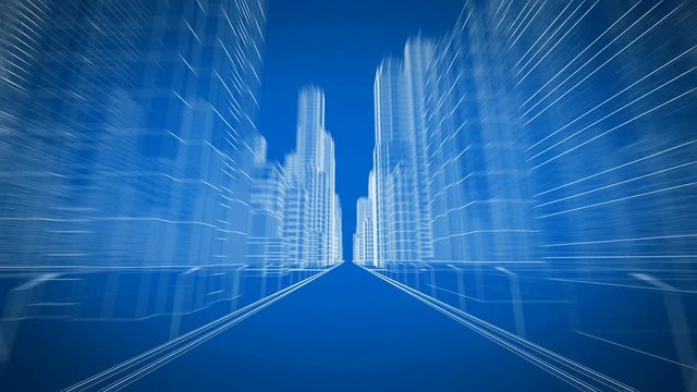 Flying Fast Through the Futuristic Digital City. Rising Speed-up in 3d Blueprint. Construction and Technology Concept. Blue Color 3d Animation. 4k UHD 3840x2160.