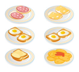 Flat isometric illustration of the plates with morning meal set. The cheese and sausage sandwiches, pancakes, eggs, bread and butter on a dishes. The cooking food, breakfast snacks vector element set.